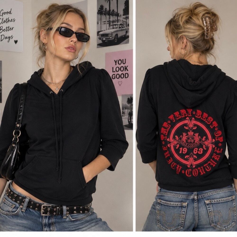 Vintage Y2K Juicy Couture Black 3/4 Puff Sleeve Hoodie Made in USA Size XL